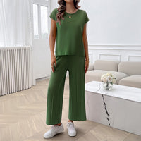 Spring and summer European and American women's clothing temperament casual solid color sweater set