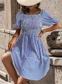 New European and American Summer Women's Navy Style Striped Small Square Neck Dress