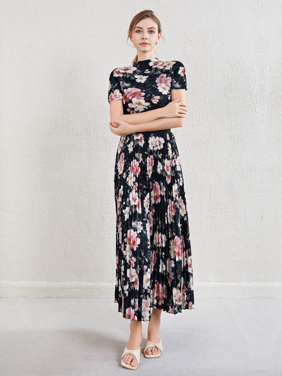 Printed pleated top age reducing skirt high waisted large hem skirt women's suit