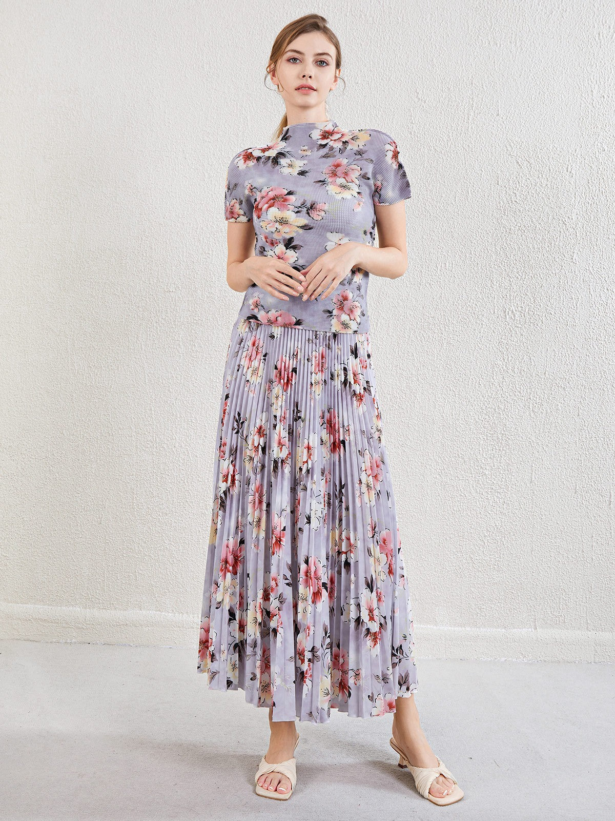 Printed pleated top age reducing skirt high waisted large hem skirt women's suit