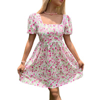New European and American summer women's dress with a square neckline and floral patterns