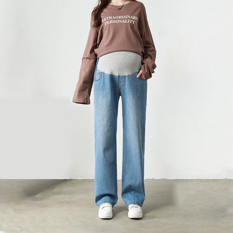 Pregnant women's denim wide leg floor mop soft underbelly pants plus size