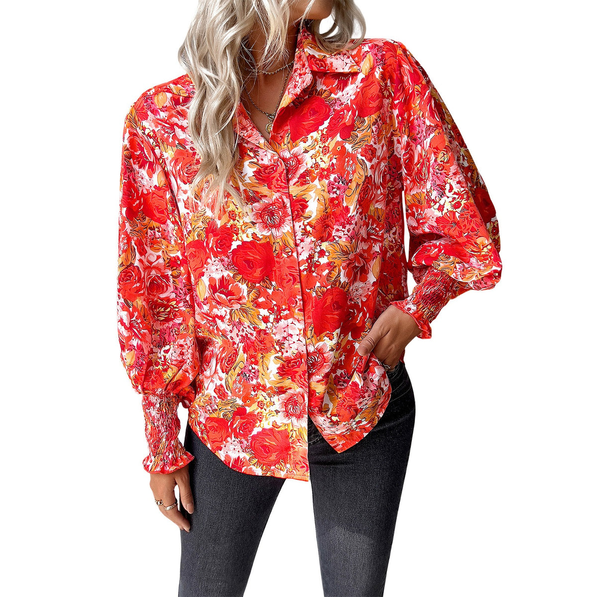 European and American women's clothing Amazon Spring/Summer temperament casual printed lantern sleeve shirt