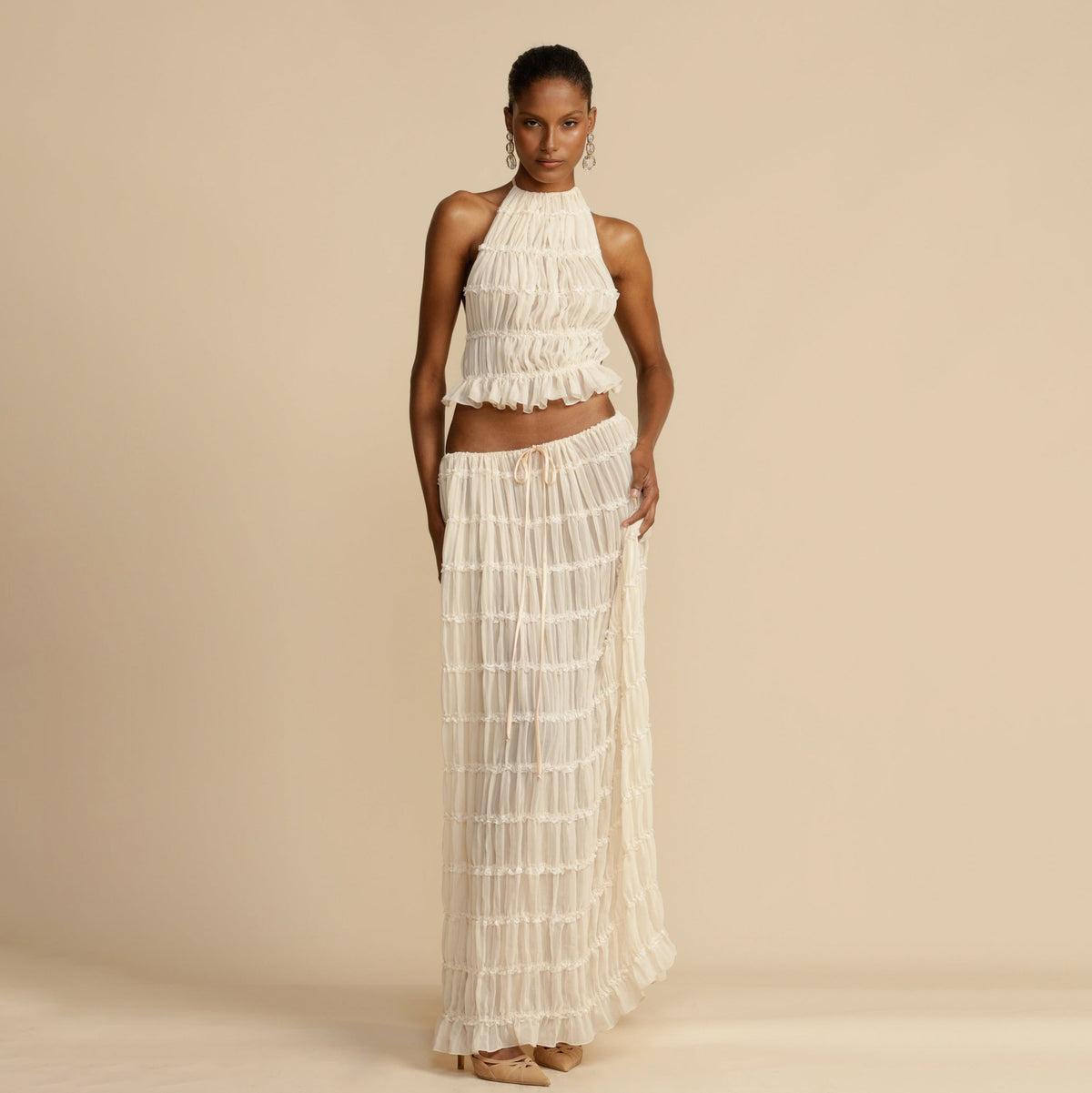 Open back lace up neck top set with wooden ear edge chiffon pleated long skirt two-piece set