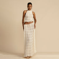 Open back lace up neck top set with wooden ear edge chiffon pleated long skirt two-piece set