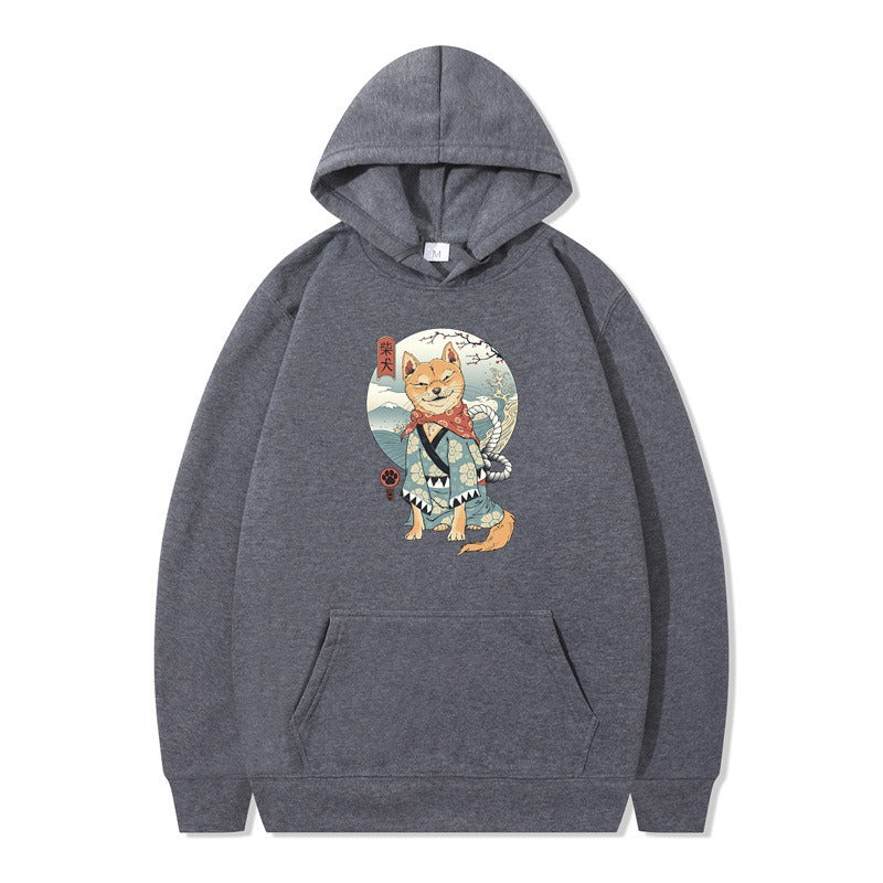 Men's and Women's Day Mane Chai Dog Illustrated Print Casual Hooded Sweater
