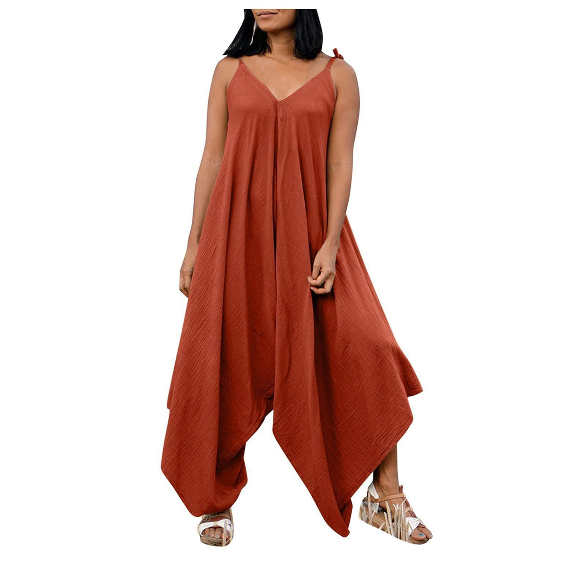 Fashionable solid color suspender backless V-neck sleeveless loose wide leg pants multi-color jumpsuit