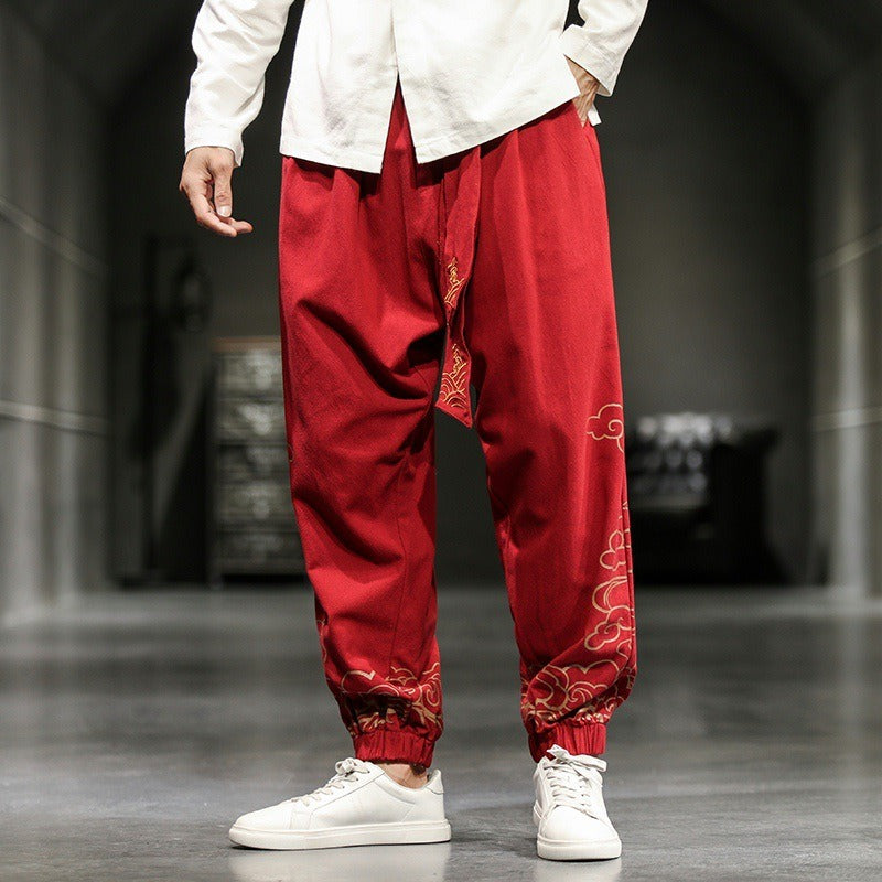 Spring and Autumn men's Chinese style minimalist printed leggings, wide leg oversized embroidered lantern pants