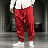 Spring and Autumn men's Chinese style minimalist printed leggings, wide leg oversized embroidered lantern pants