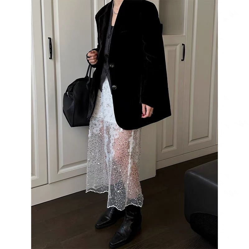 Fashionable and westernized heavy industry half skirt, versatile floral gauze skirt