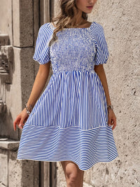 New European and American Summer Women's Navy Style Striped Small Square Neck Dress