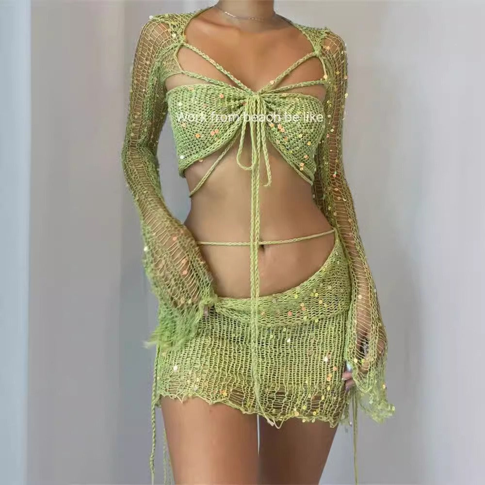 Women's fashion long sleeved woolen short skirt with exposed navel T-shirt split three piece set