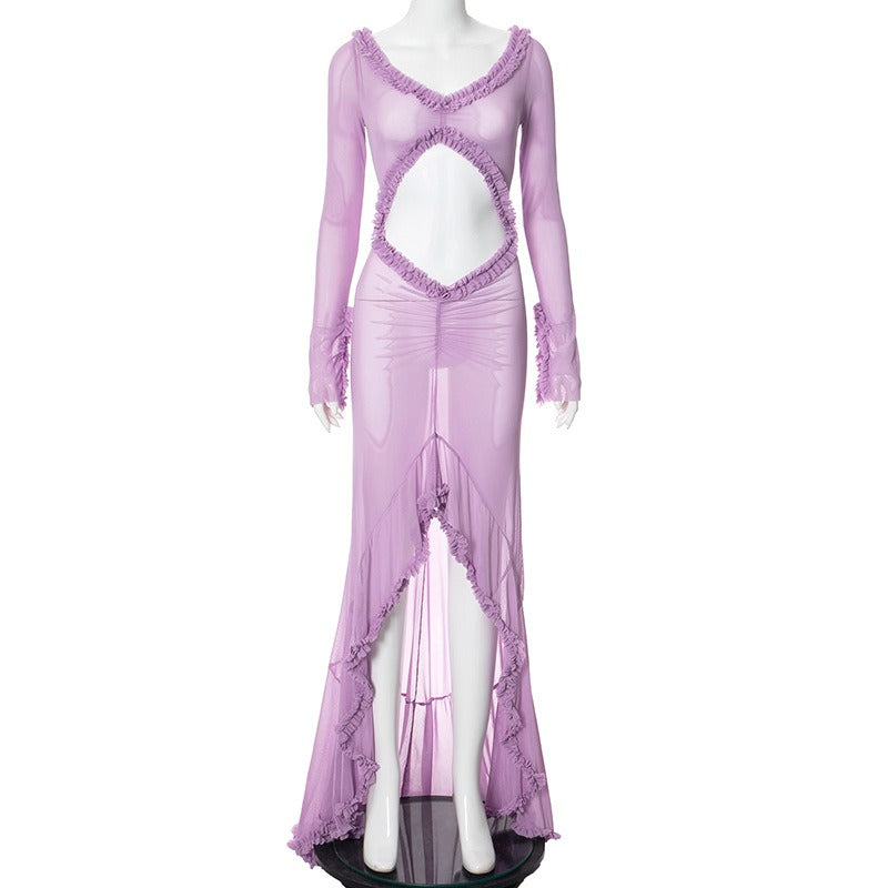 New Solid Color Long Sleeve Perspective Low cut Sexy Dress
