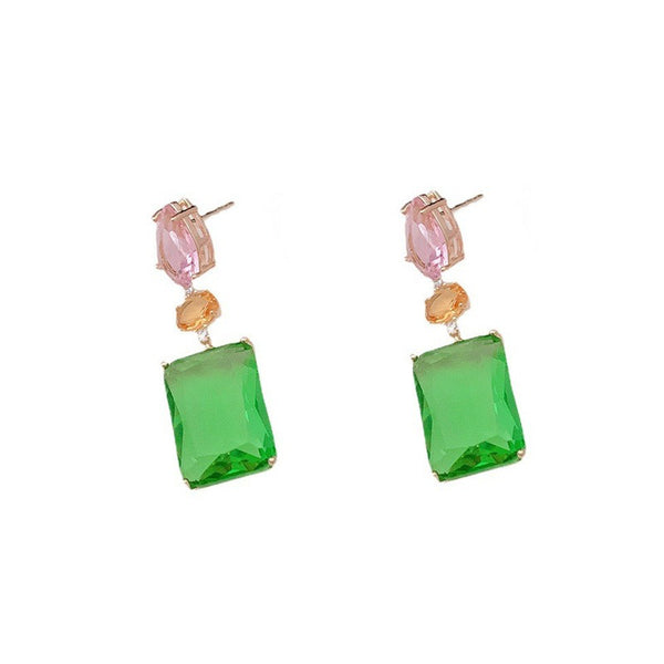 Pink Droplet Geometric Square Earrings Light Luxury Contrast Color Transparent Zircon Candy Color Fashion