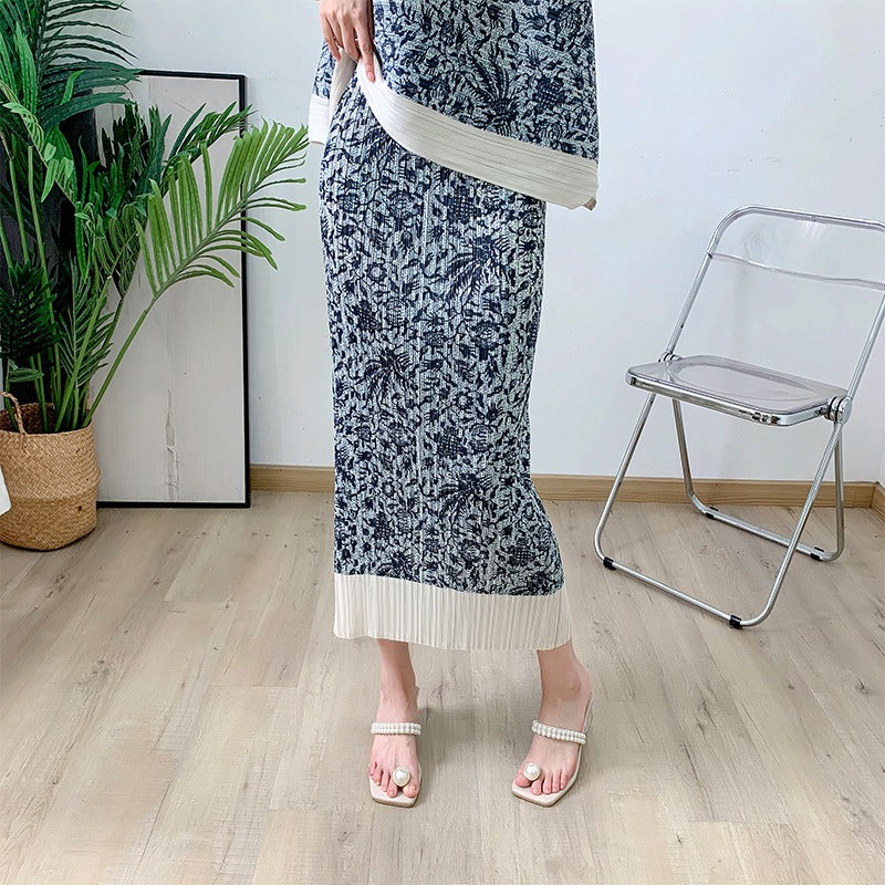Blue printed pleated irregular vest+straight half skirt two-piece summer new fashion set for women