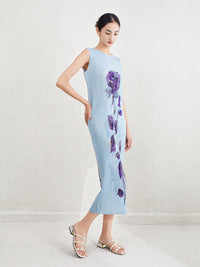 Elegant and elegant print, loose and slimming round neck, sleeveless summer new pleated skirt