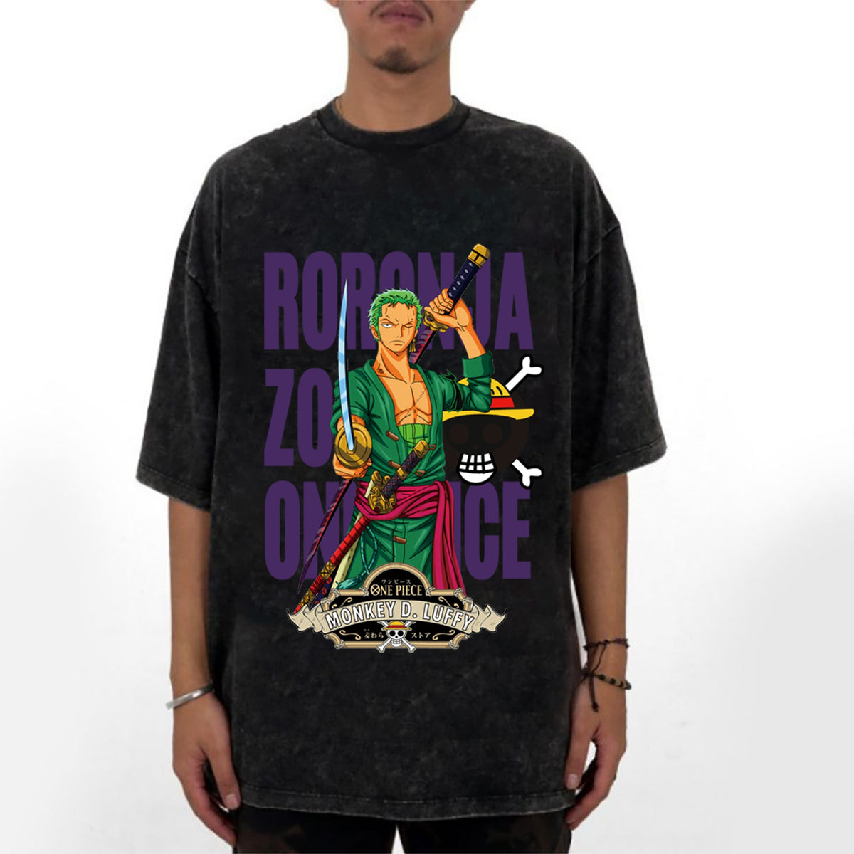 Washed old pirate king Solon pure cotton short sleeved T-shirt trendy Japanese anime Zoro