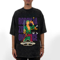 Washed old pirate king Solon pure cotton short sleeved T-shirt trendy Japanese anime Zoro