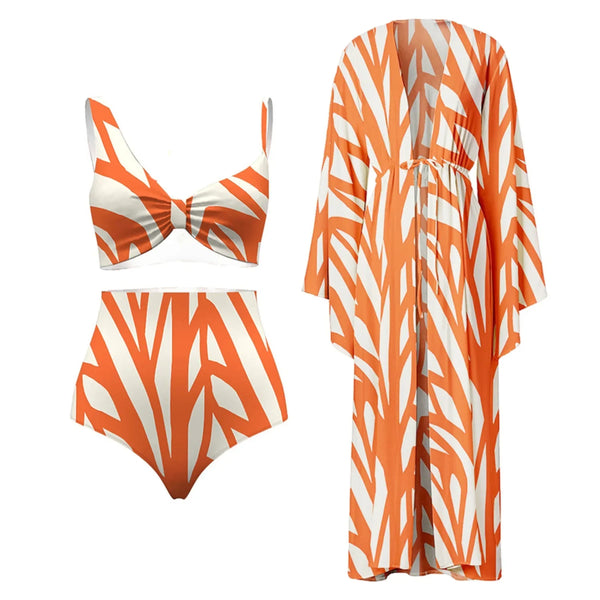 Orange Stripe Print Suspender Swimsuit Sexy   Swimsuit Women's Push-up Beachwear Pants Sun Protection Shirt Split Swimsuit