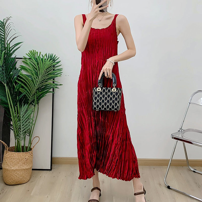 Pleated camisole dress for women's summer black retro long mini black dress