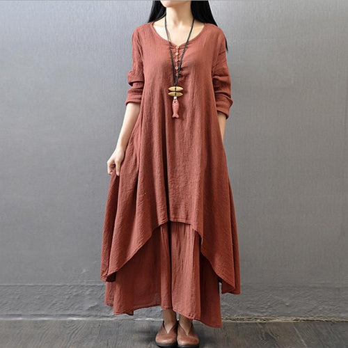 Fake two-piece long skirt, artistic and grand linen dress, loose long sleeved cotton and linen skirt