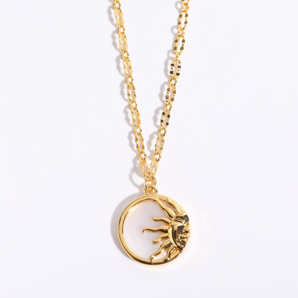 Vintage three-dimensional sun and moon round coin necklace mother-of-pearl pendant jewelry