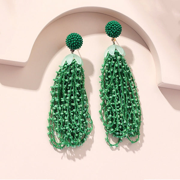 Long Rice Bead Tassel Earrings for Women, Retro Bohemian Ethnic Style Earrings