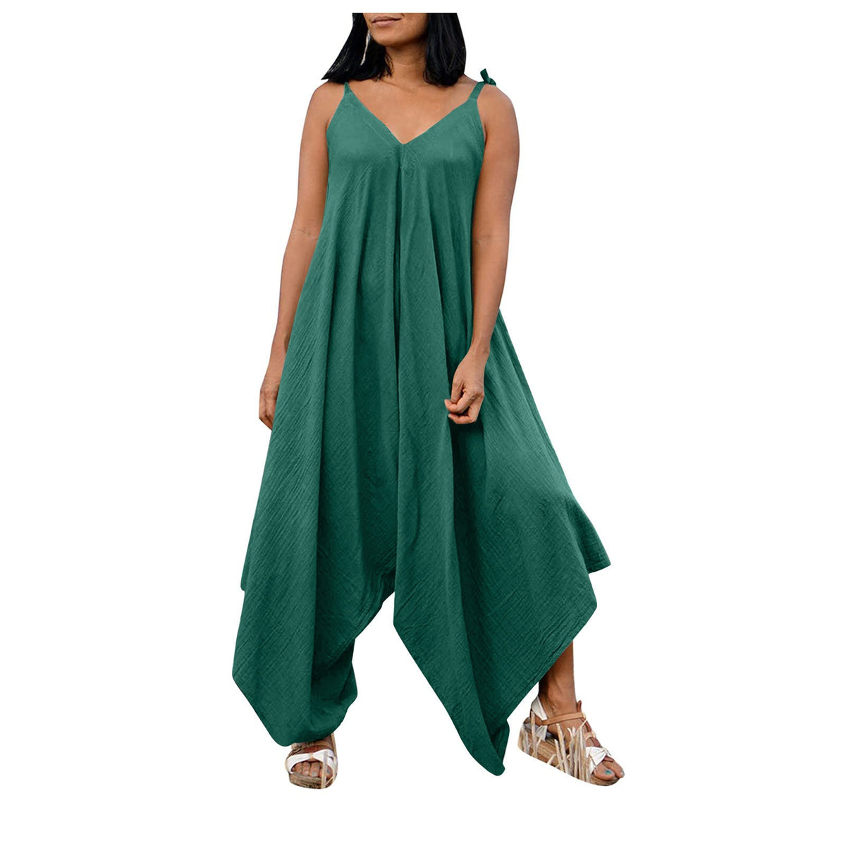 Fashionable solid color suspender backless V-neck sleeveless loose wide leg pants multi-color jumpsuit