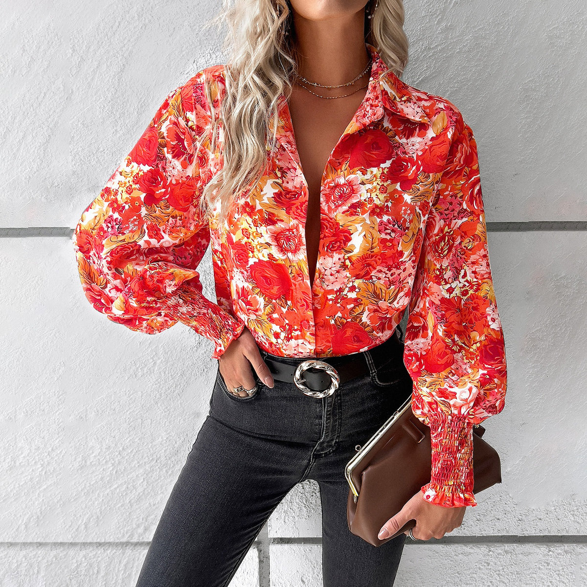 European and American women's clothing Amazon Spring/Summer temperament casual printed lantern sleeve shirt