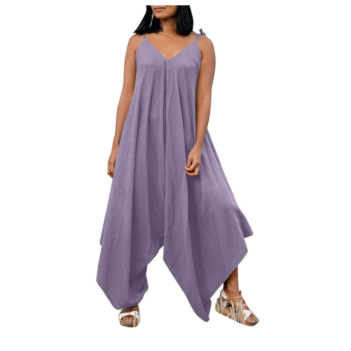 Fashionable solid color suspender backless V-neck sleeveless loose wide leg pants multi-color jumpsuit