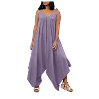 Fashionable solid color suspender backless V-neck sleeveless loose wide leg pants multi-color jumpsuit