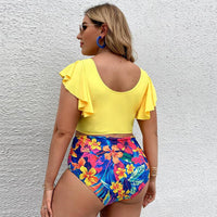 New Large Size Ruffle Print High Waist Split Bikini Swimsuit Fat Woman Version