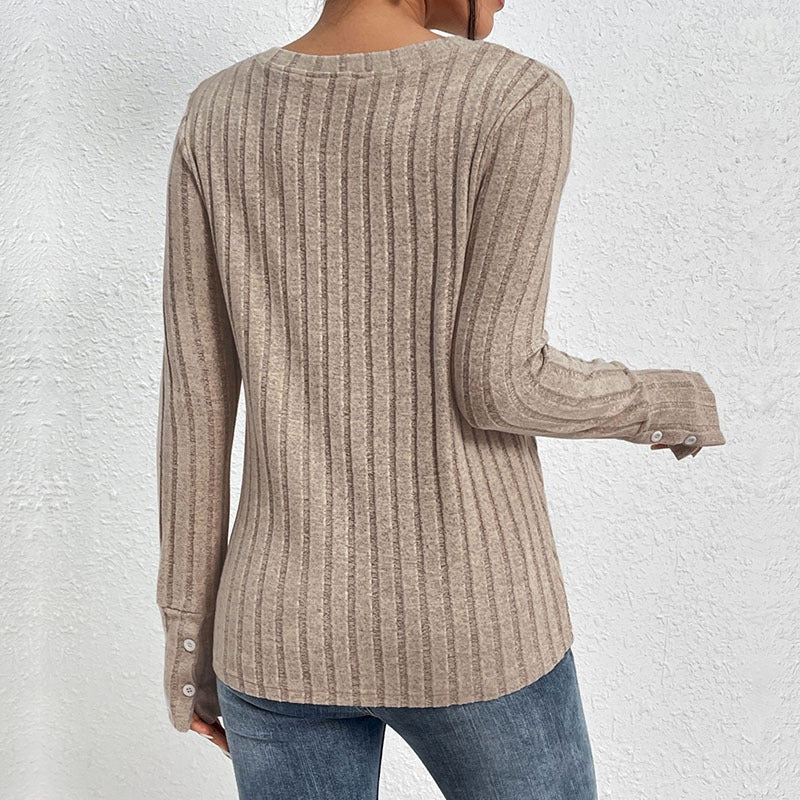 Spring and Autumn New Product European and American Women's Splicing Solid Color Long Sleeve V-neck Knitted Shirt