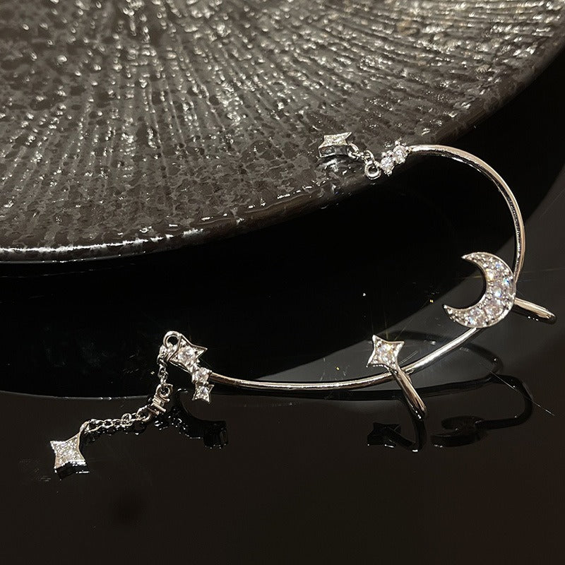 Minimally designed micro inlaid star moon ear hook with super sparkling chain and ear hole free ear clip