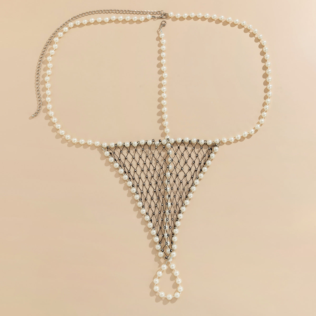 Women's sexy and simple imitation pearl woven chest chain set, new creative fishing net waist chain
