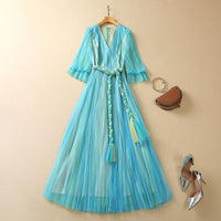 V-neck bubble middle sleeve pleated decorative waistband mesh dress