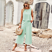 طقم أزياء، مزاج نسائي صيفي، بلوزة بدون أكمام، بنطال قصير، طقم مكون من قطعتين 