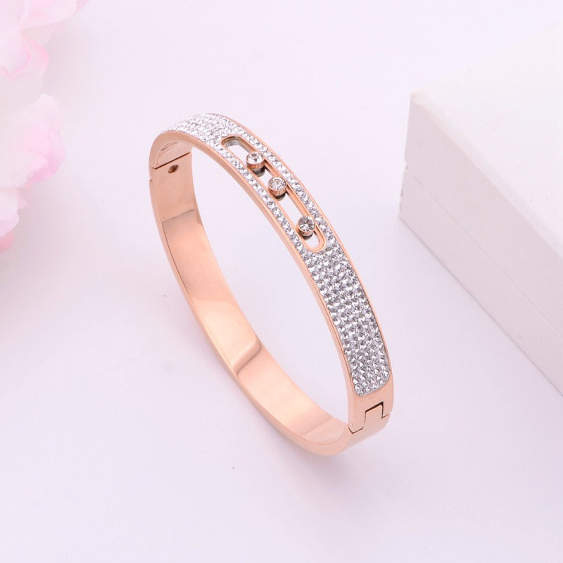 Handmade titanium steel movable three diamond rose gold women's bracelet with versatile and fashionable charm