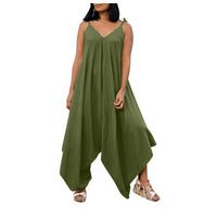 Fashionable solid color suspender backless V-neck sleeveless loose wide leg pants multi-color jumpsuit