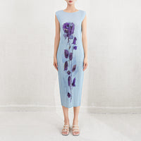 Elegant and elegant print, loose and slimming round neck, sleeveless summer new pleated skirt