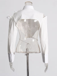 Small Fragrant Style Lapel Off Shoulder Short Shirt Spliced Flower Lace up Design Shirt Top for Women