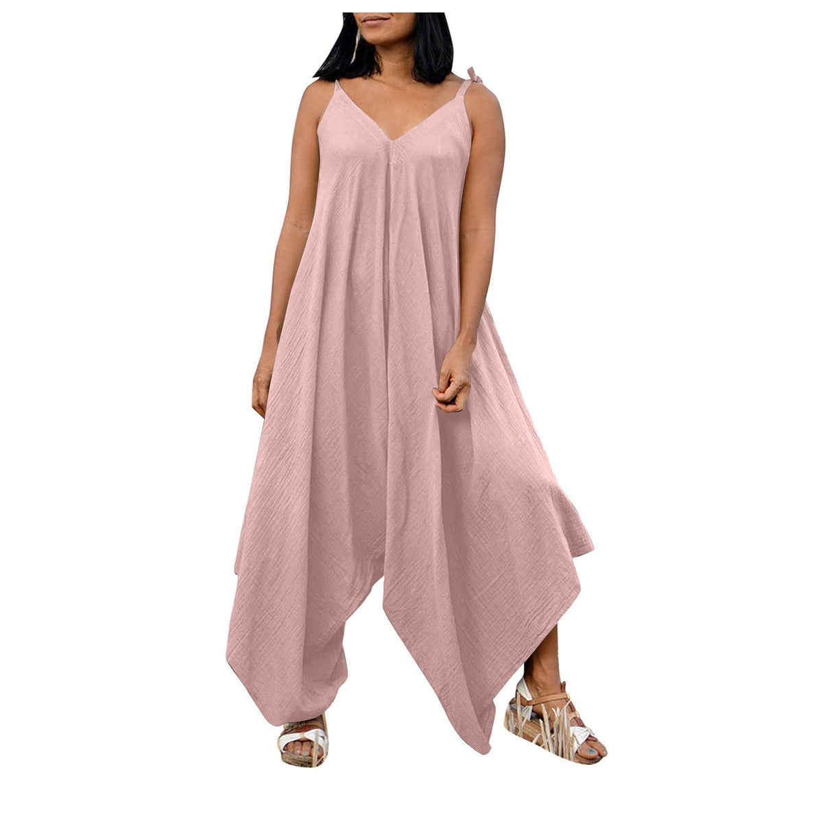 Fashionable solid color suspender backless V-neck sleeveless loose wide leg pants multi-color jumpsuit