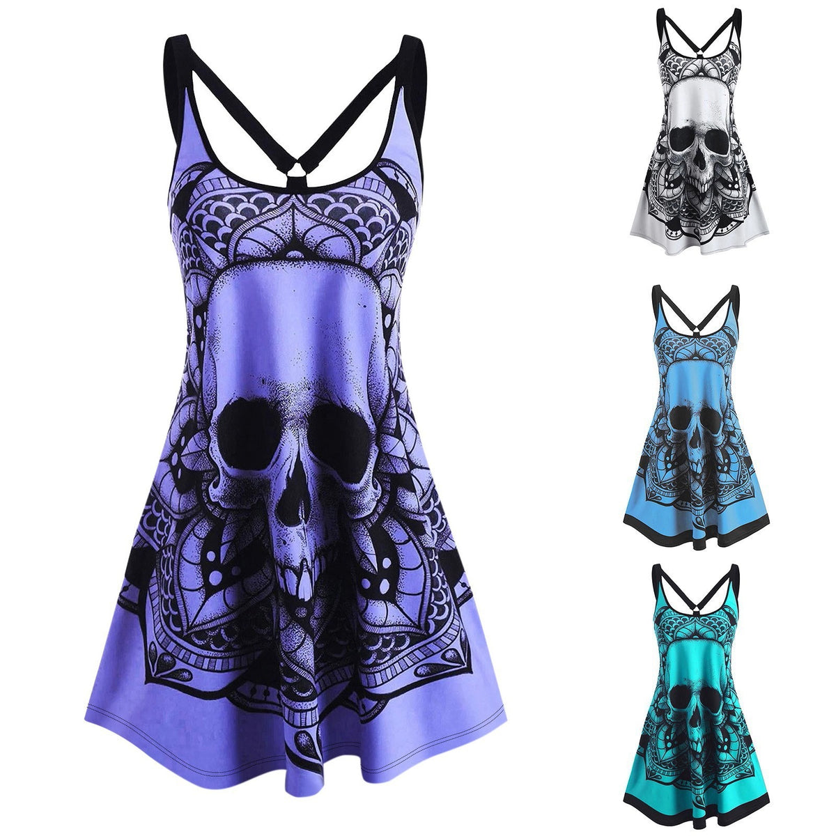 Women's sleeveless printed tank dress, fashionable women's casual backless Gothic dress, Halloween