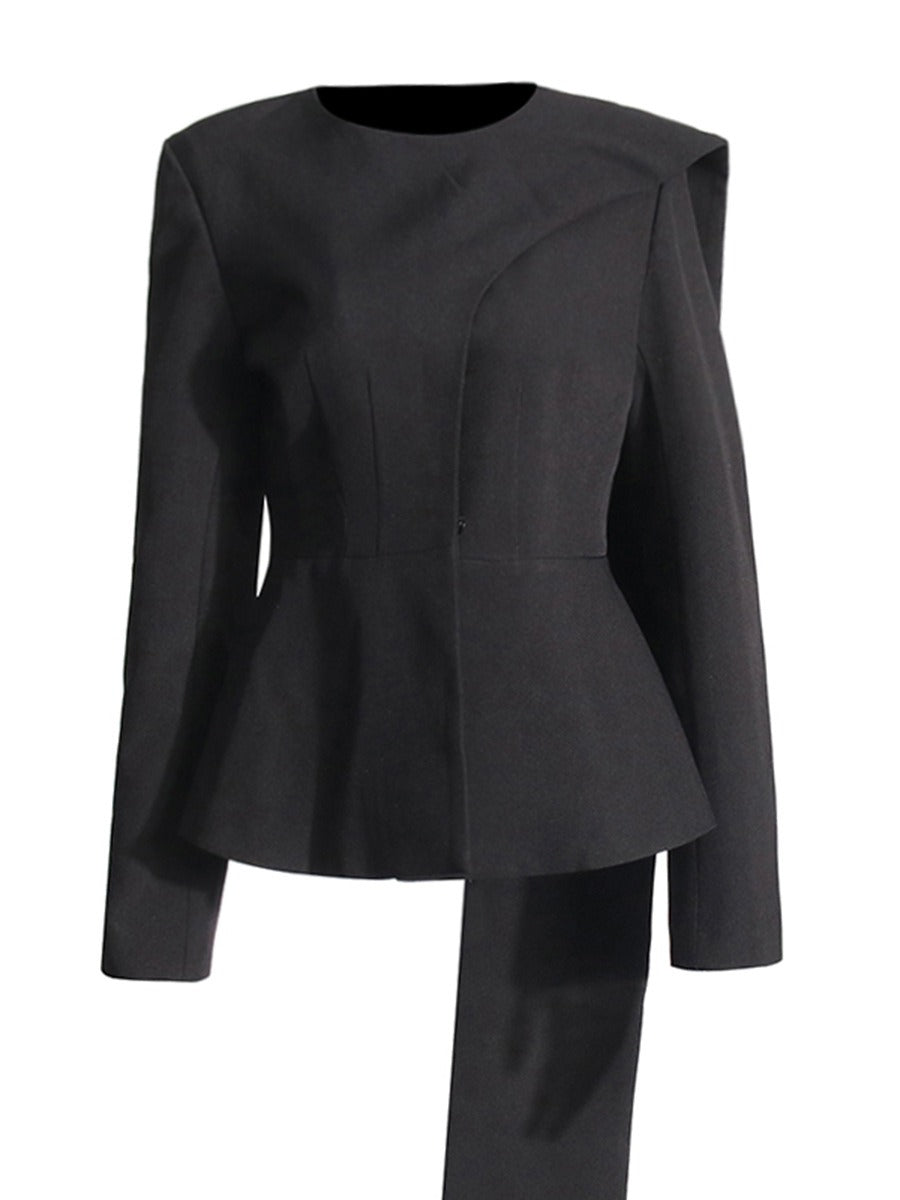 Round necked waistband for slimming and ruffled edge, a niche design for a scarf style suit jacket for women