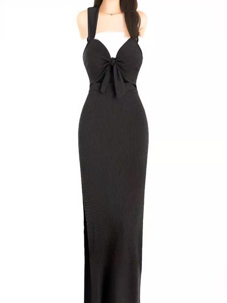 Long skirt V-neck strap with hollowed out suspender slit slim fit backless dress