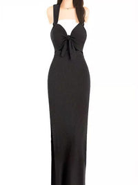 Long skirt V-neck strap with hollowed out suspender slit slim fit backless dress