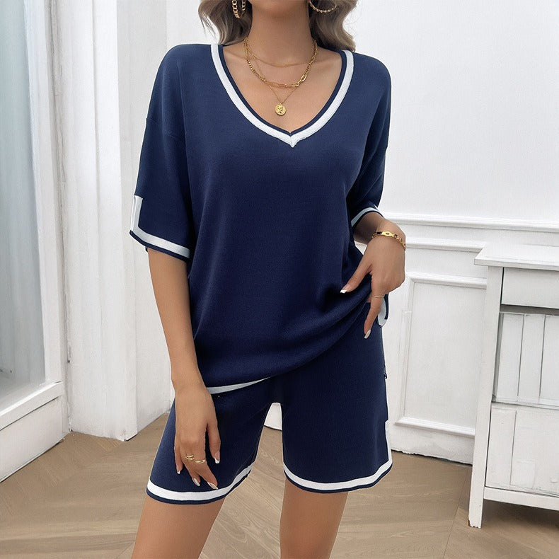 Spring/Summer Women's Casual Loose V-neck Sweater Set