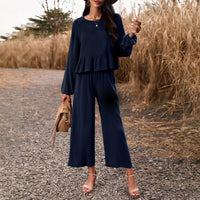 مجموعة كاجوال للسيدات الأوروبية والأمريكية للربيع والصيف، لون سادة بأكمام طويلة، سراويل فضفاضة 