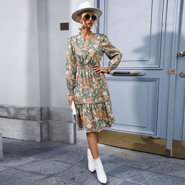 Spring and Autumn Popular Multi Color European and American Women's Long Sleeve Floral Dress