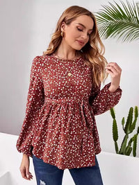 Pregnant women's shirt, floral print, long sleeved round neck button up waist belt, ruffled edge top